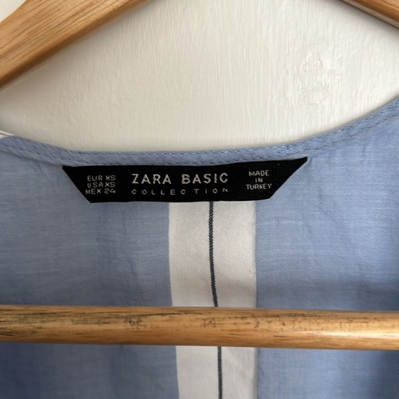 Zara Basic Collection Chambray Striped Faux Wrap Drawstring Crop Top - Picture 2 of 4
